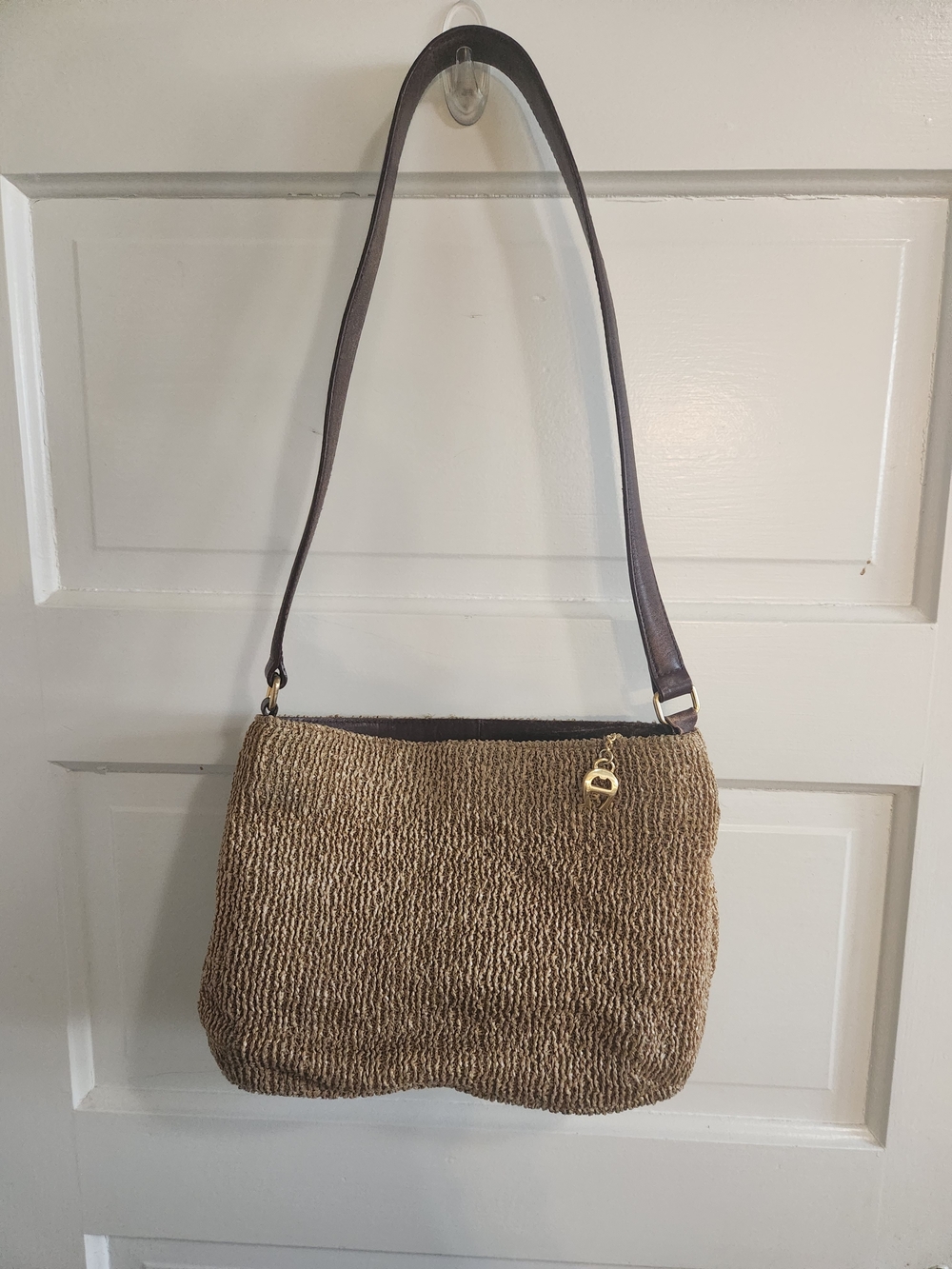 Etienne Aigner Tan Woven Shoulder Bag with Brown Leather Strap